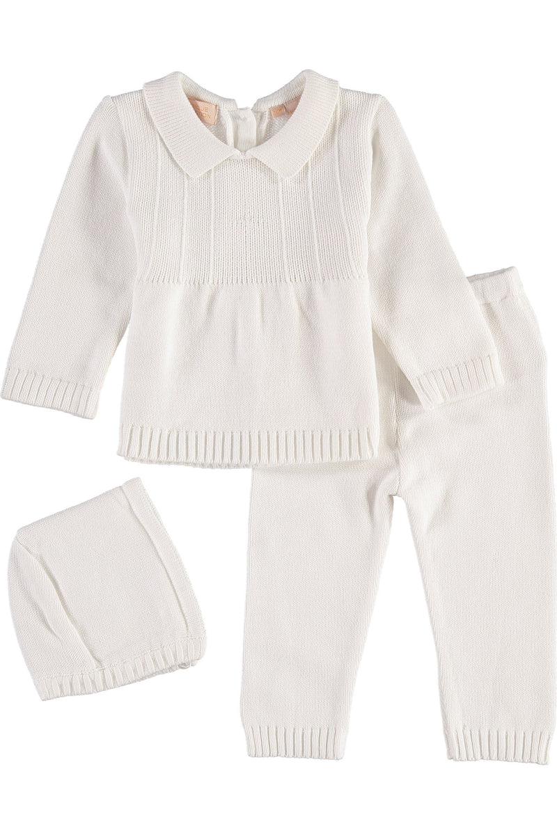 Knit Pearl Cross 2 Piece Baby Boy Baptism Outfit with Bonnet