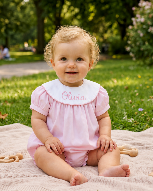 Personalized Pink Monogram Baby Girl Bubble Romper – Classic Cotton Bodysuit
