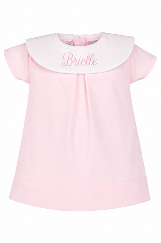 Monogrammed Baby Girl Dress with Round Bib – Elegant White Christening Outfit