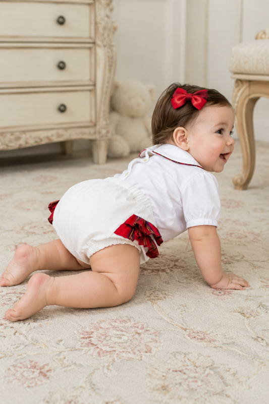 Baby Girls White Embroidered Panty with Plaid Ruffles