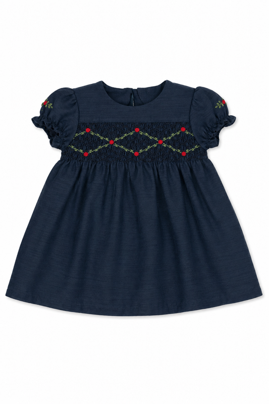 Floral Smocked Silk Navy Short Sleeve Baby Girl Dress