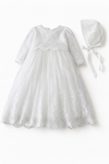 Long Sleeve Lace Embroidery Scalloped Trim Christening Gown