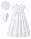 Hand Smocked Cross Girl Christening Gown with Matching Bonnet