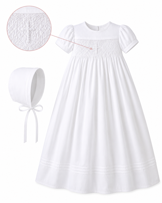 Hand Smocked Cross Girl Christening Gown with Matching Bonnet