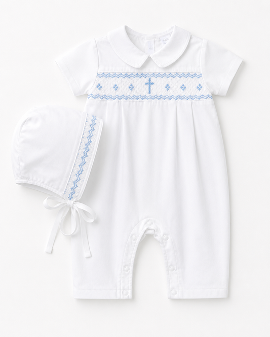 Smocked Cross Blue Baby Boy Longall with Bonnet