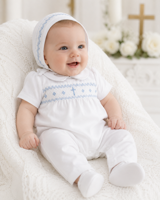 Smocked Cross Blue Baby Boy Longall with Bonnet