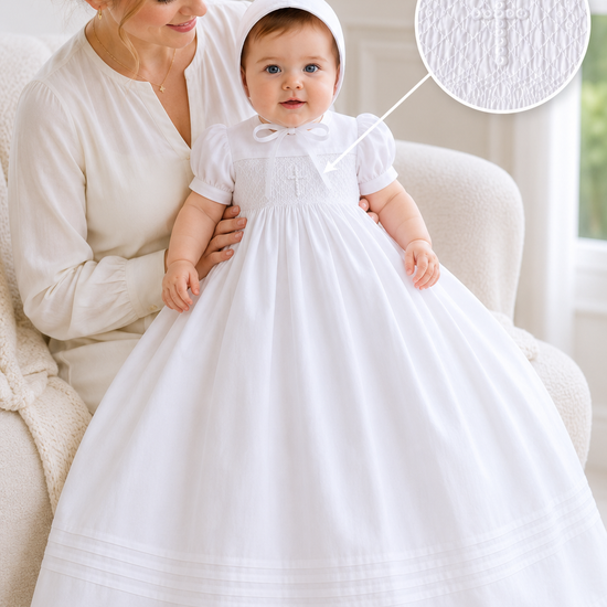 Christening  Baptism Gown Non Gender Hand smocked Cross Detail Free shipping USA 