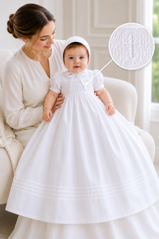 Christening  Baptism Gown Non Gender Hand smocked Cross Detail Free shipping USA 