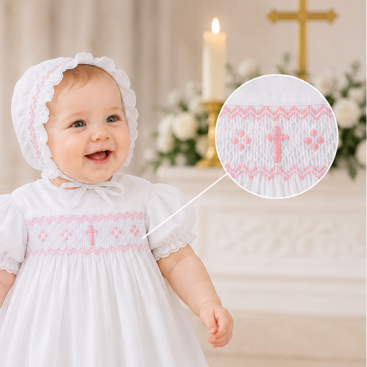 Long Bullion Cross Baby Girl Christening Gown with Bonnet