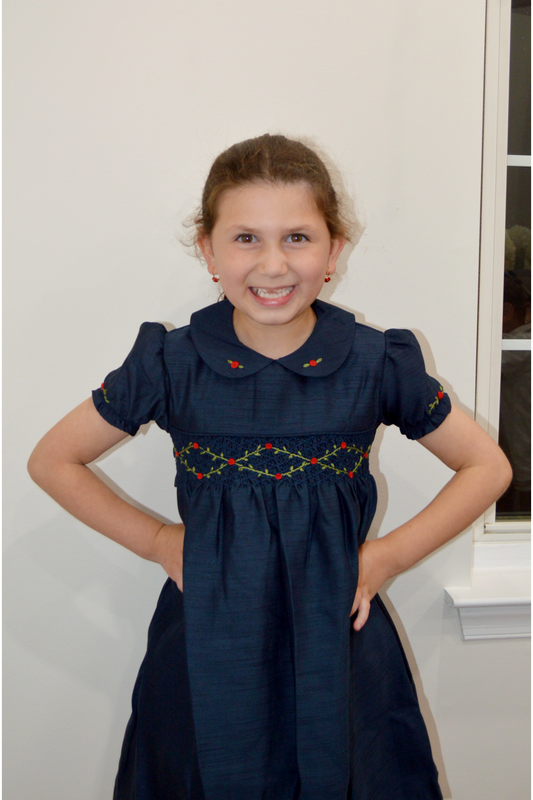 Floral Smocked Silk Navy Short Sleeve Toddler Girl Dress