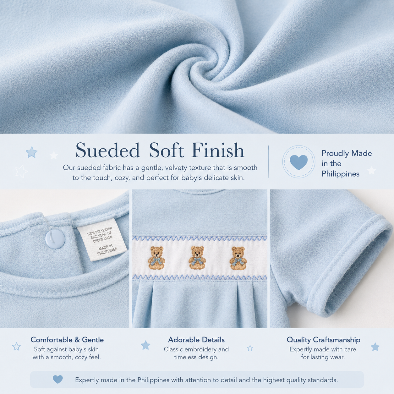Baby clothing with teddy bear embroidery and text about sueded soft finish, comfort, and quality.