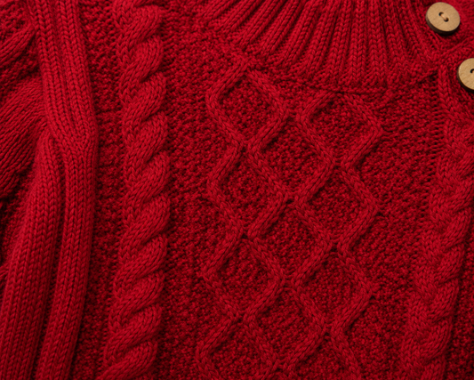 Close-up of a red knitted sweater with cable pattern and buttons.