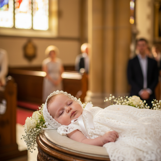 Baby in a white outfit lying on a church pew with stained glass windows in the background