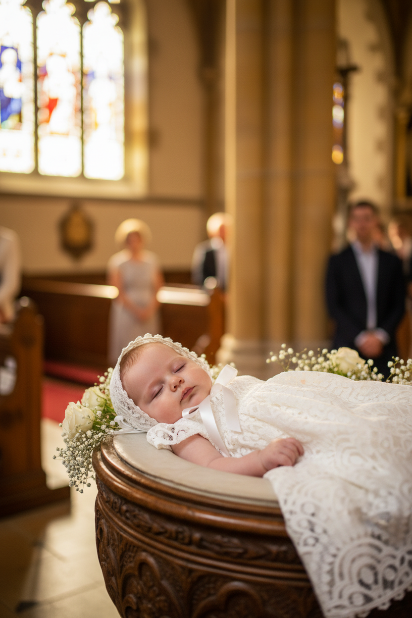 Baby in a white outfit lying on a church pew with stained glass windows in the background