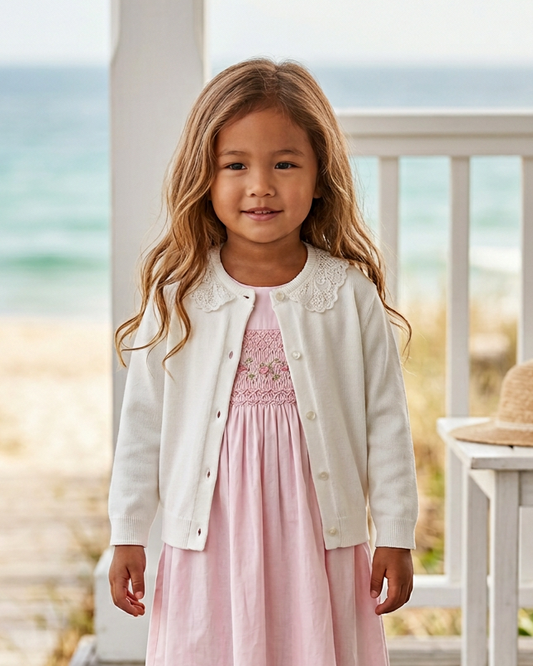 Little Girl Cardigan White with Lace Collar
