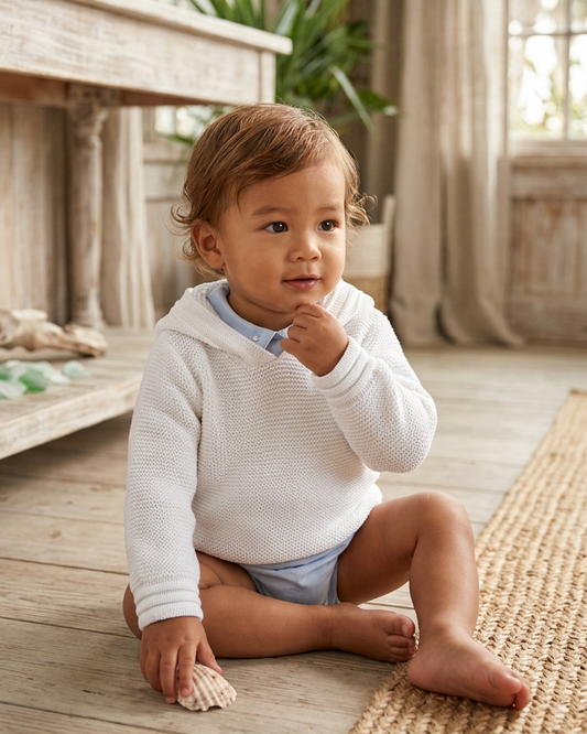 Personalized Baby Boy Zip-Back Hoodie – Soft White Knit