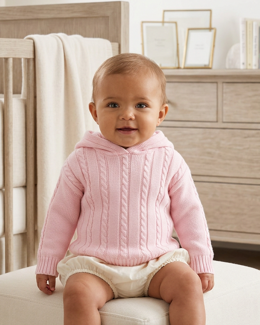 Personalized Pink Cable Knit Hooded Zip-Back Baby Sweater – 100% Cotton