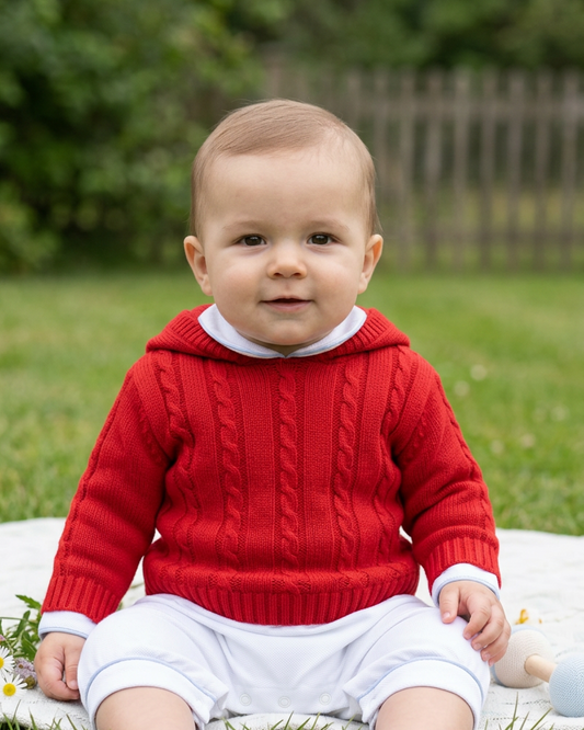 885 Classic Red Cable Knit Baby Sweater with Zip Back – Holiday Favorite