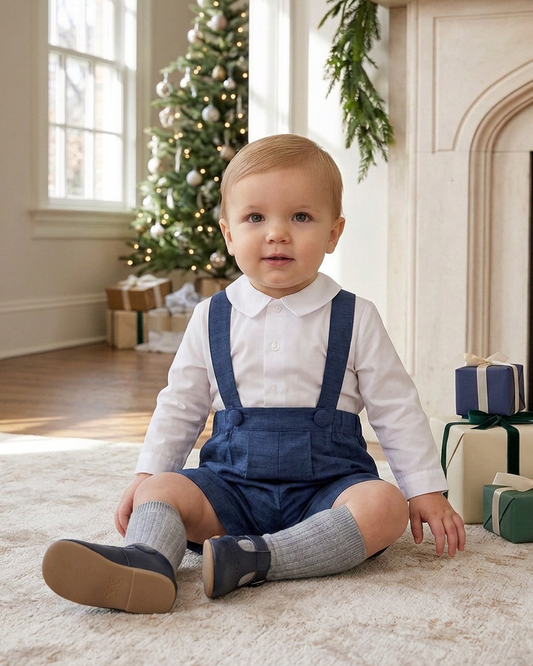 Silk Baby Boy & Toddler Navy Suspender Shorts Set