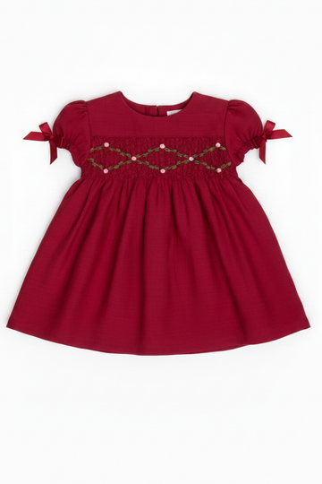 Floral Smocked Silk Red Short Sleeve Toddler Girl Dress