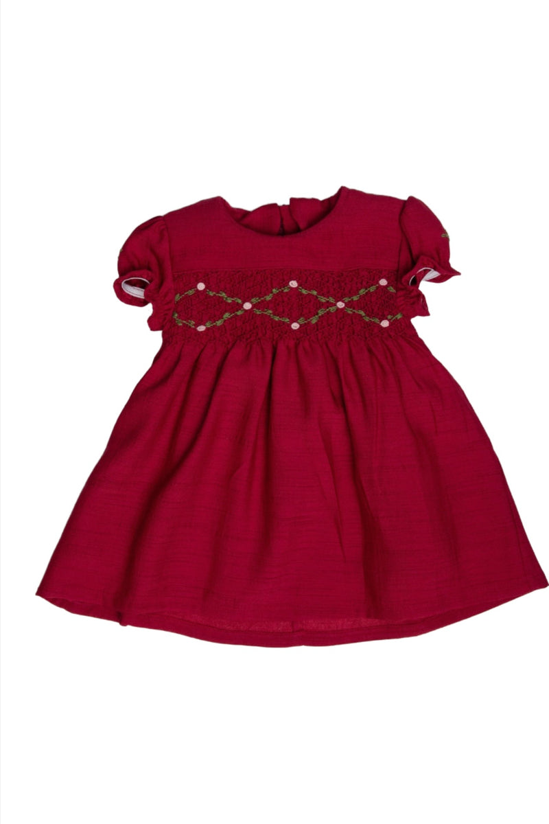 Floral Smocked Silk Red Short Sleeve Baby & Toddler Girl Dress