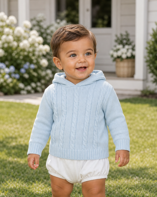 Baby Blue Cable Knit Sweater with Back Zip – Soft Cotton Comfort
