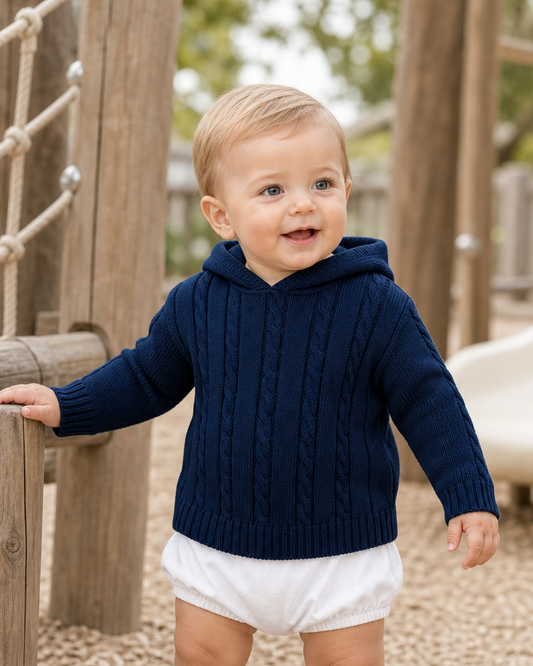 884 Monogram Navy Cable Knit Baby Hooded Zip Back Sweater by Julius Berger