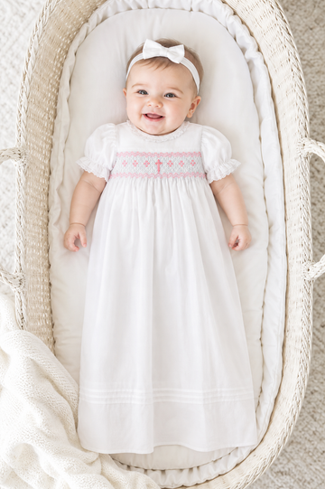 Long Bullion Cross Baby Girl Christening Gown with Bonnet