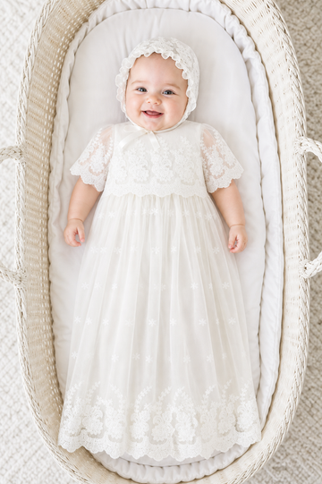 Baby Girl Christening Gown Star Lace with Bonnet
