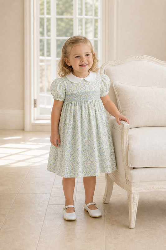 Elegant Shortsleeve Toddler Girl Dress Green Floral