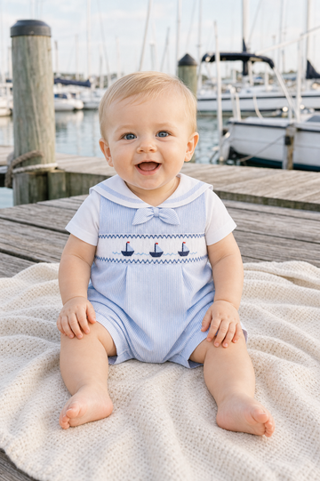 Smocked Sail Boats Boys Blue Shortall