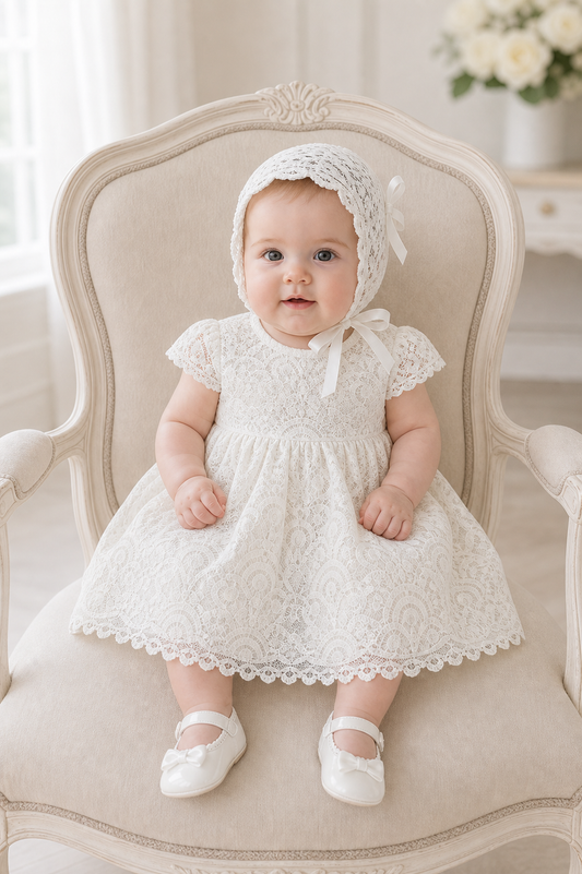 Baptism & Christening Lace Dress with Bonnet