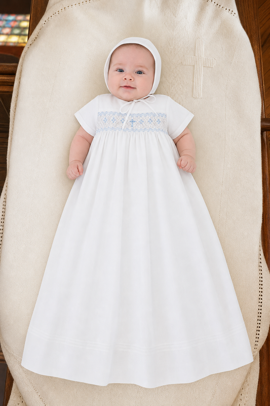Long Bullion Cross Baby Boy Christening Gown with Bonnet