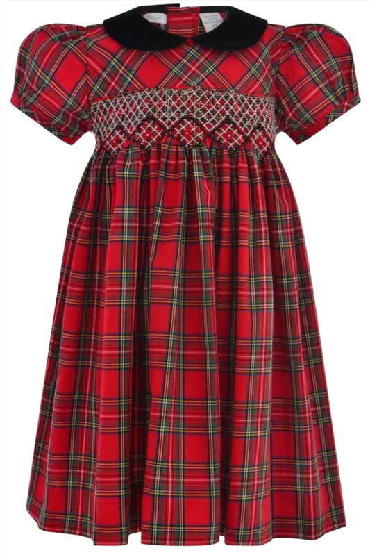 Hand Smocked Plaid Short Sleeve Girl Dress 