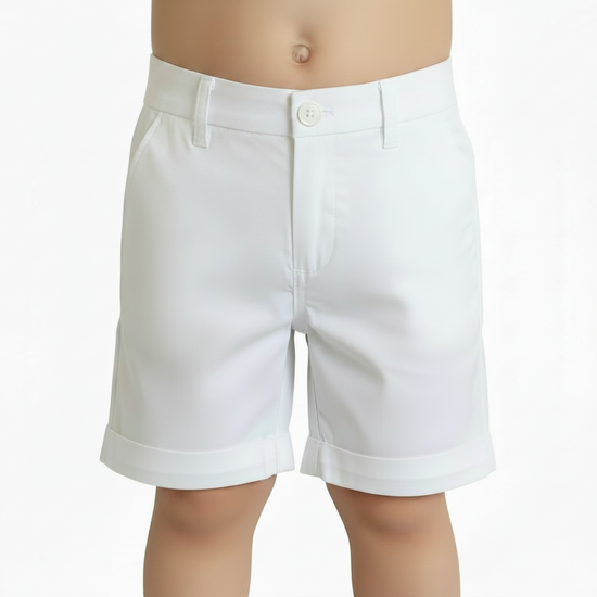 White shorts worn by a person on a white background