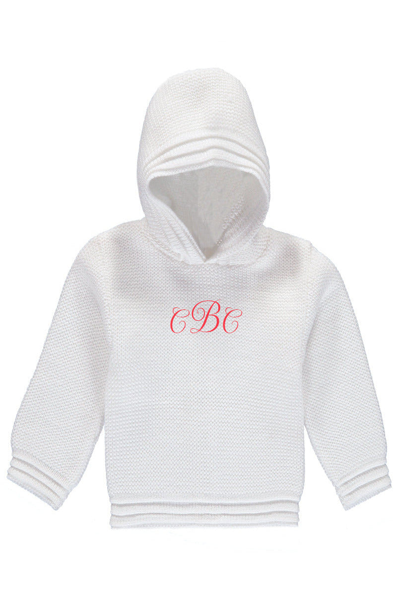 Personalized Baby Boy Zip-Back Hoodie – Soft White Knit – Carriage