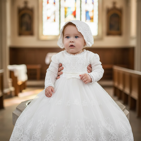 Baby in a white lace dress and bonnet standing in a church with stained glass windows.