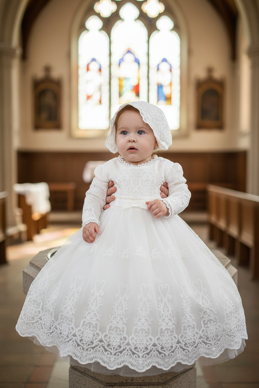 Baby in a white lace dress and bonnet standing in a church with stained glass windows.