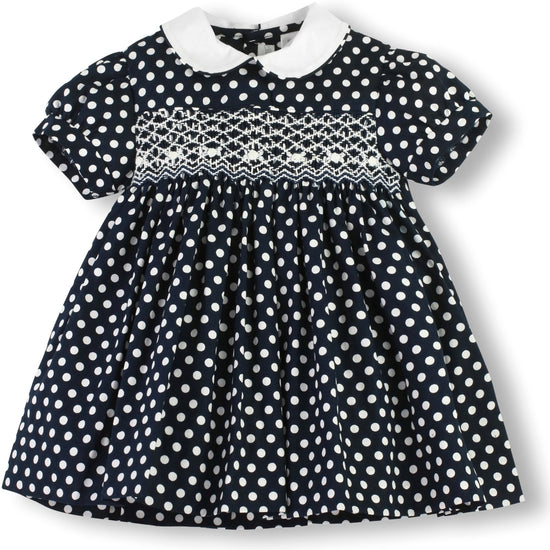 Navy Polka Dot Baby Girl Dress 2 - Carriage Boutique