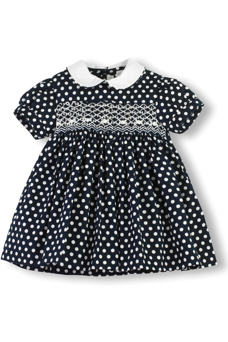 Navy Polka Dot Baby Girl Dress 2 - Carriage Boutique