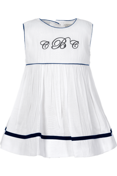 Personalized Monogram White & Navy Toddler Girl Sleeveless Dress