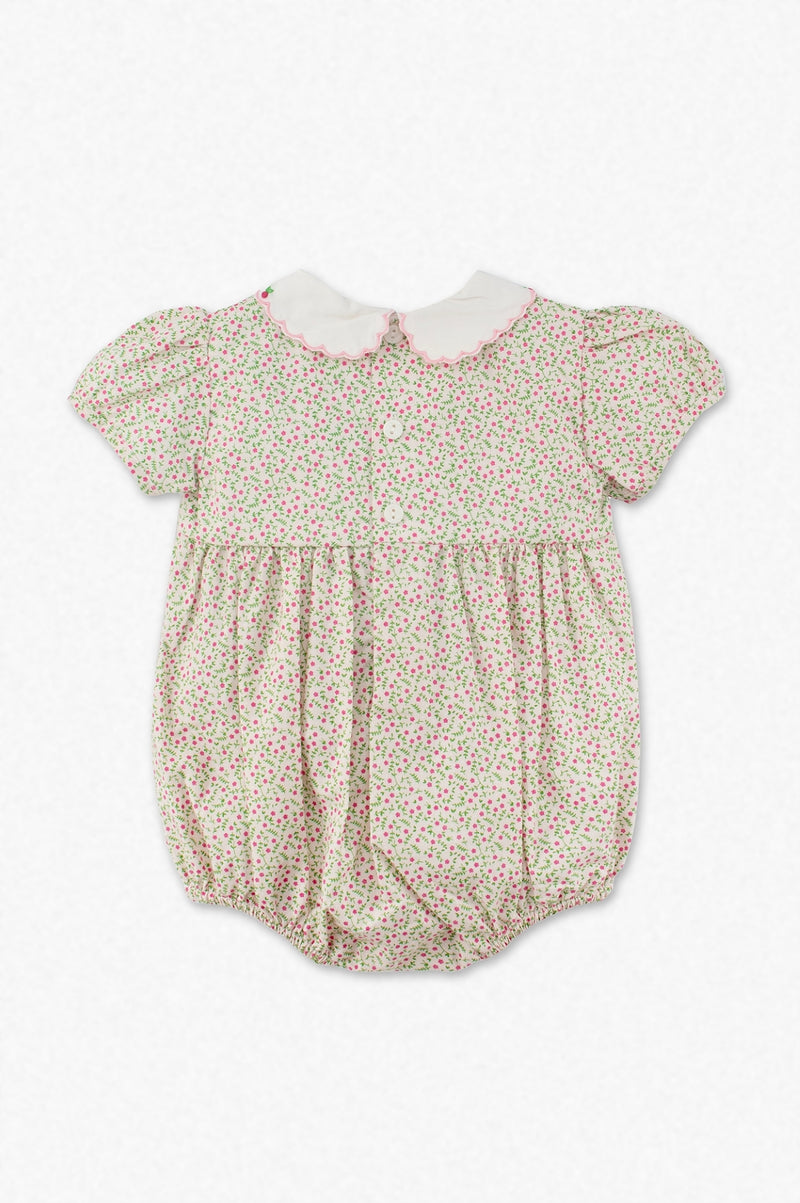 Puff Sleeve Tan Floral Smocked Baby Girl Bubble Romper  2 - Carriage Boutique
