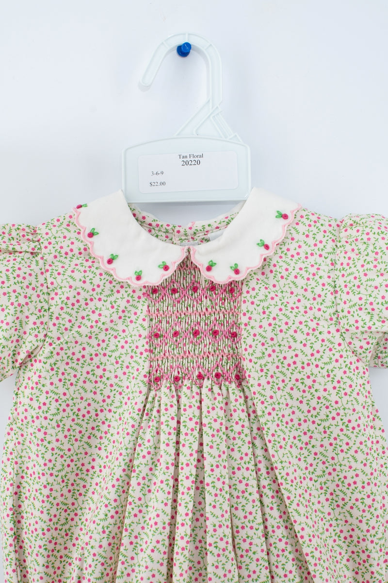 Puff Sleeve Tan Floral Smocked Baby Girl Bubble Romper 3 - Carriage Boutique