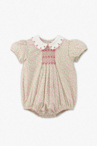 Puff Sleeve Tan Floral Smocked Baby Girl Bubble Romper - Carriage Boutique