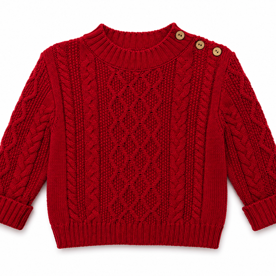 Red knitted sweater with button details on a white background