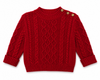 Red knitted sweater with button details on a white background
