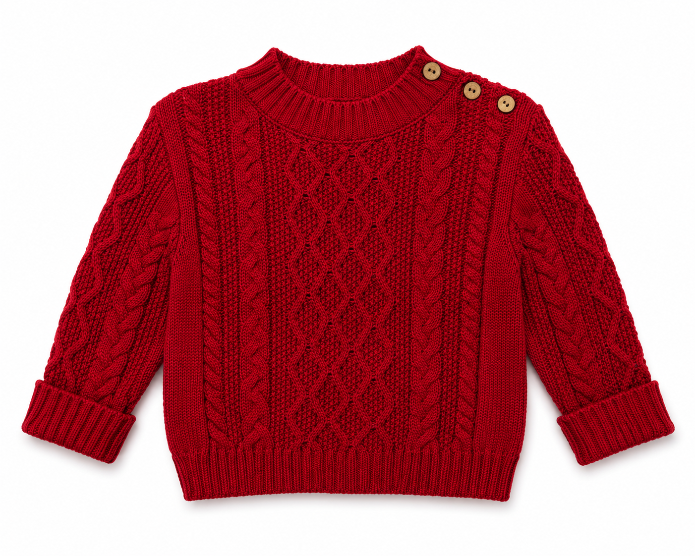 Red knitted sweater with button details on a white background