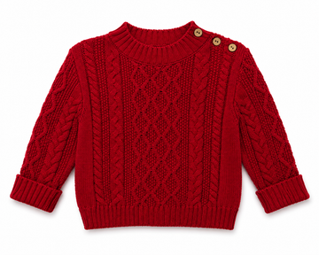 Red knitted sweater with button details on a white background