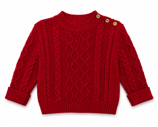 Red knitted sweater with button details on a white background