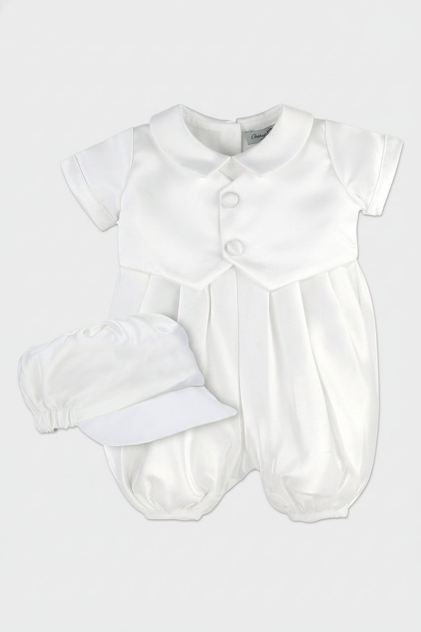 Satin Vested Baby Boy Christening & Baptism Romper with Hat 2